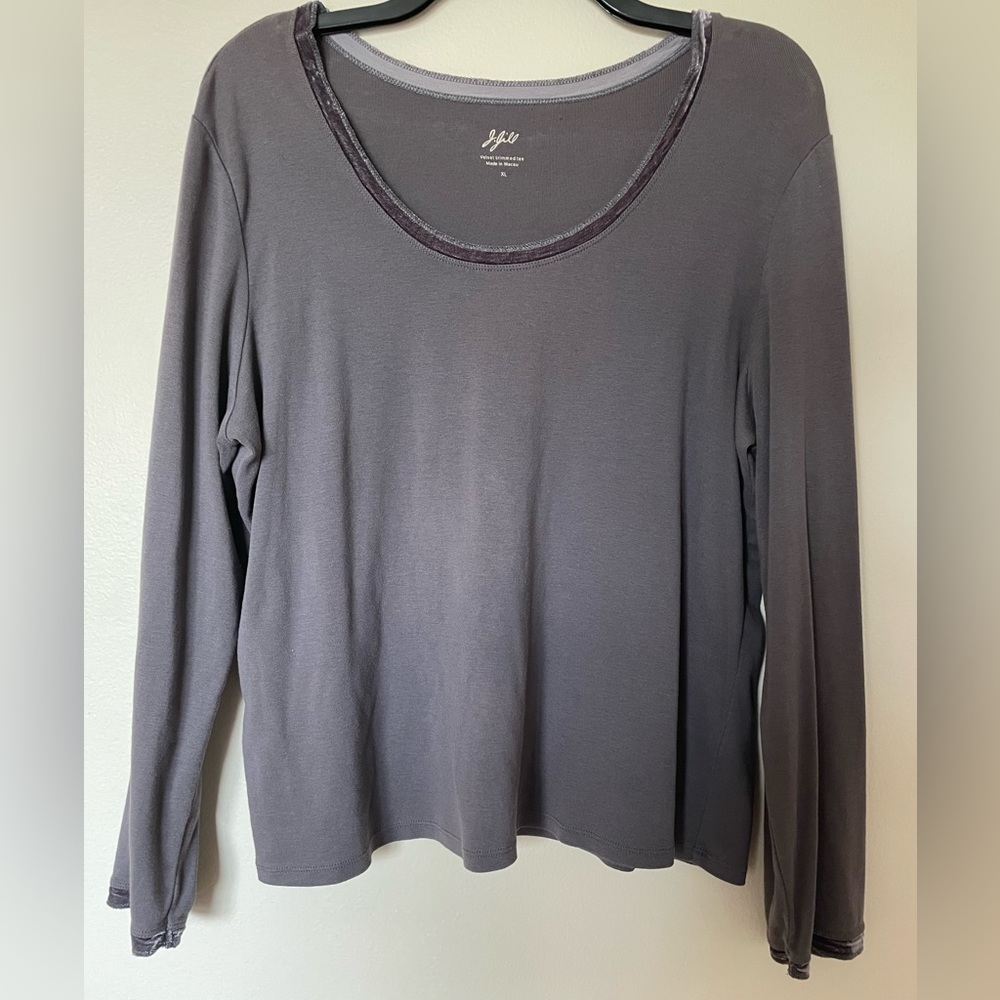 J.Jill Dark Grey Velvet trimmed long sleeved tee Size XL